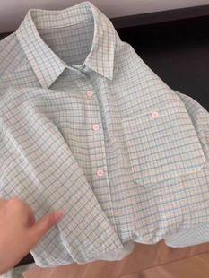 Lazy Wearing Fresh and Clean Mint Green Plaid Shirt Women's Spring Stacked Summer Sunscreen Long Sleeve Top