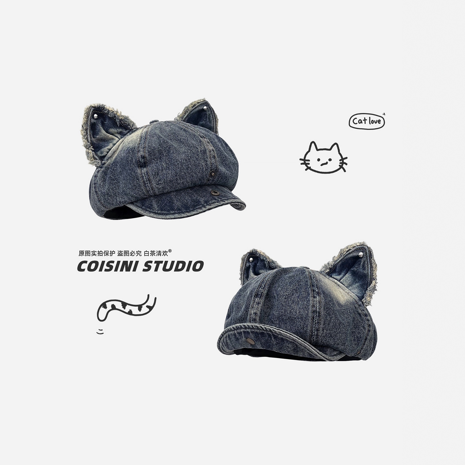 Japanese-Style Cute Cat Ear Washed Vintage Newsboy Beret for Women Versatile Artistic Retro Denim Beret