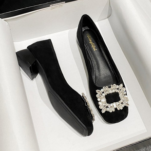 Chunky heel square head rhinestone high-end shoes women's shoes 2024 new spring and autumn high heels elegant commuter shoes