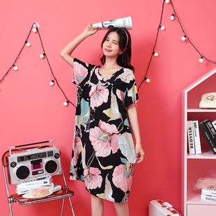 Cotton Silk Nightgown Women's Home Clothes Summer New Large Size Loose Pregnant Women Can Wear Thin Short Sleeve Floral Long Dress