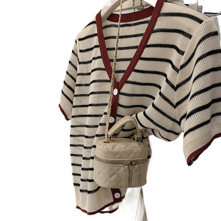 2025 New Acrylic plus size Striped Collar Short-sleeved Knitted Cardigan Women's Summer Small Thin Knitted Top T-shirt