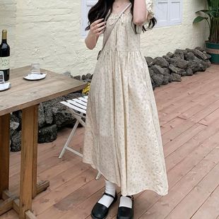 Sweet French Style Puff Sleeve Floral Skirt Summer Super Fairy Mori Style Slimming Lace-up Vacation Style All-match dress Women