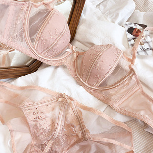 French sexy ultra-thin lace underwear big chest small breathable soft support half cup sexy rabbit ears bra suit