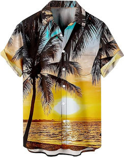 Cross-Border European and American Summer Men's New Hot-Selling 3D Printed Coconut Tree Series Casual Hawaiian Men's Shirts