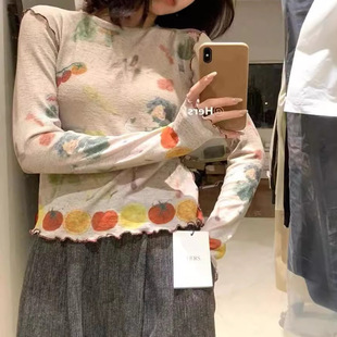 2025 Korean Style Design Sense Tie-dyed Wood-ear T-shirt with Base Shirt Women's Long-sleeved Top Sweet 10187