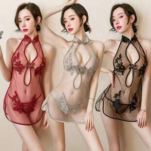 Underwear Lace-up Cheongsam Temptation Academy-style Transparent Non-shock-free plus size Sexy Pajamas Couple Black