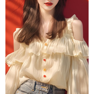 2024 Early Autumn New Shirt Female Explosions Niche Chic High-end Korean Style Age-reducing White Off-shoulder Top Slimming
