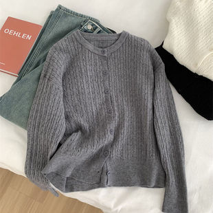 Round Neck Short Twist Spring and Autumn Knitted Sweater Knitted New Autumn and Winter Sweater Outer Cardigan Solid Color Coat Top Trendy