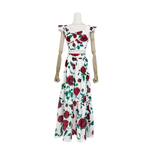 Spring and summer 2025 new condole strap tube top A- line long skirt vintage red printed suit women
