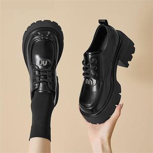 British Style Spring and Autumn Small Leather Shoes Women's 2024 New Black Thick-soled Loafers Soft Leather Lace-up All-match Single-layer Shoes
