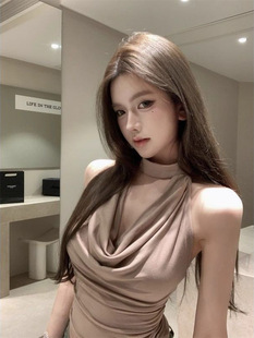 khaki Spice Girl Swing Collar Halter Camisole Women's Summer Outer Wearing New High-end Beautiful Backless Sleeveless Top