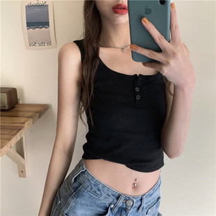 2021 Summer Sexy Button Caution Machine Sling Inner Top Tight Threaded Cotton Short Sleeveless Vest for Women