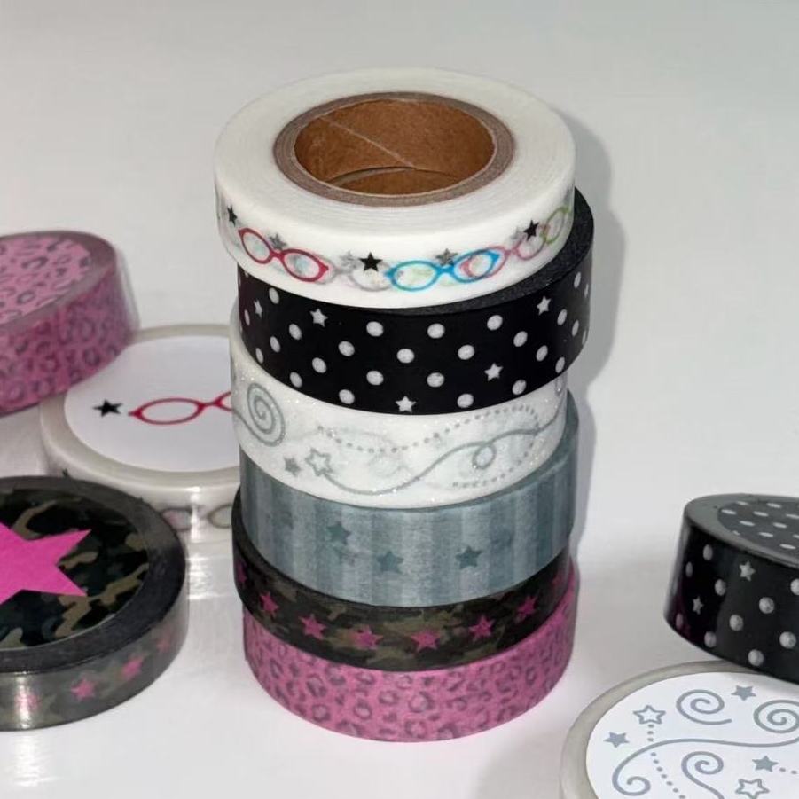 Korean-Style Sweet and Cool Washi Tape with Stars, Glasses, Leopard Print, and Polka Dots for DIY Decoration and Journaling Material Tape Roll