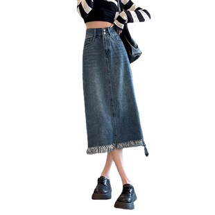 American style retro chubby girl Denim skirt women's summer plus size high waist retro A- line frayed mid-length hip skirt