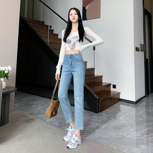 2025 new eight nine points pipe pants women's pure stretch jeans autumn new small straight pants light blue