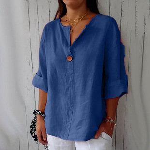 Amazon cross-border 2025 new temperament fashion ladies loose casual T-shirt V-neck button top wholesale