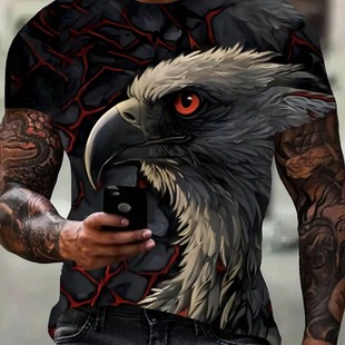 2024 spring and summer new 3D short-sleeved men's T-shirt three-dimensional Eagle domineering personality round neck loose size factory wholesale