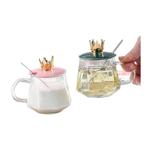 Crown mug with spoon lid heat-resistant glass water cup for girls household Milk Cup high-looking office coffee cup