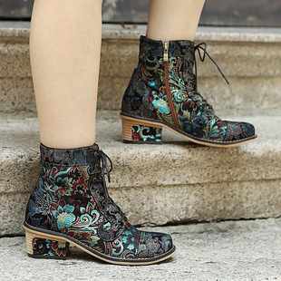 2023 Autumn and Winter New Cross-border Spot Retro Print Chinese Style Embroidered Stitching Plaid Casual Women's Short Boots