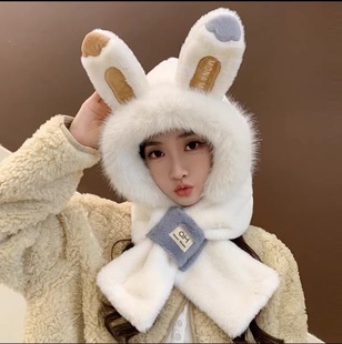 Hat Scarf Integrated Hat Women's Autumn and Winter Fashion fleece-lined Warm-keeping Fluffy Hat Cycling Thickened Cold-proof Neck Ear-protection Hat