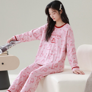 Pajamas Women's Long-sleeved Trousers Thin Spring and Autumn Round Neck Casual Loose plus size Outwear Women's Home Clothes suit