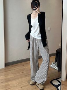 Daifa Spring and Autumn New High waist loose slimming casual pants women's lazy style small black and white striped wide-leg pants