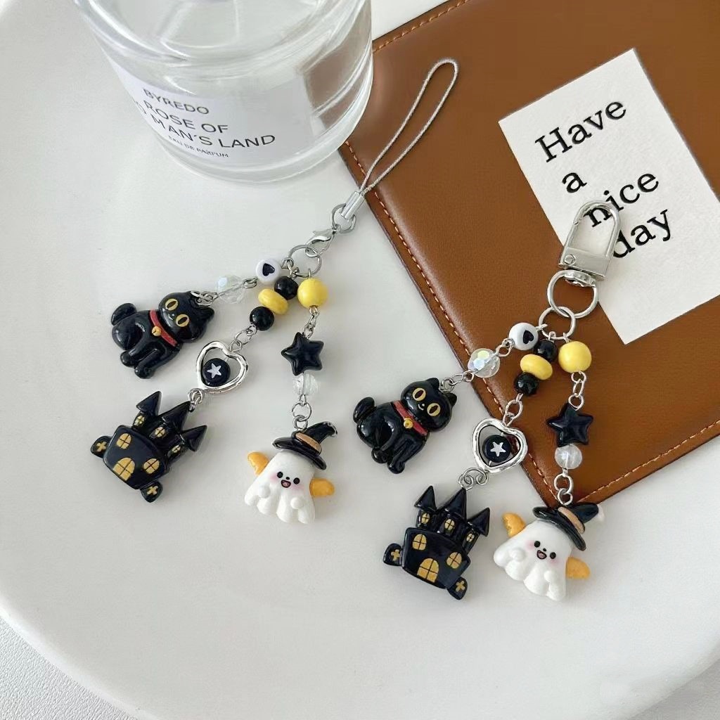 Original Halloween Cartoon Ghost Keychain Beaded Phone Bag Pendant Ins-Style Black Cat Quirky Bag Accessory