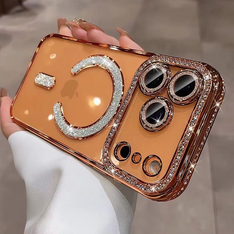 New Luxury Sparkling Diamond Magnetic Orange iPhone 17 Pro Max Phone Case 16 Apple 15PM Simple 14