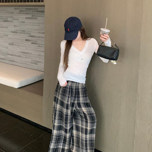 Solid Color V-neck Long-sleeved Sunscreen T-shirt Niche Retro Plaid High Waist Wide-leg Pants Two-piece Set