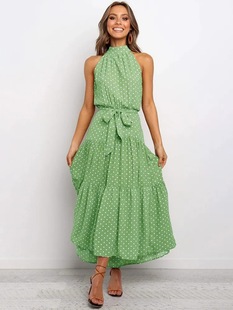 2025 women's dress new hanging neck wave printing lace-up dress