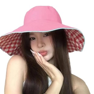 Korean Style Plaid Wide-brimmed Lace-up Fisherman Hat Women's Summer Big Brim Shown Face Small Sunshade Hat Sunscreen Basin Hat