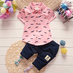 Wholesale cross-border children's suit men's children's lapel short sleeve beard printed summer 2023 baby shirt two-piece set
