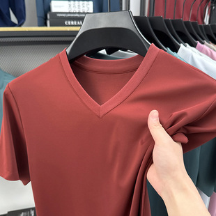 [Factory Outlet] Silk seamless summer new men's short-sleeved T-shirt V-neck solid color ice silk T-shirt for men
