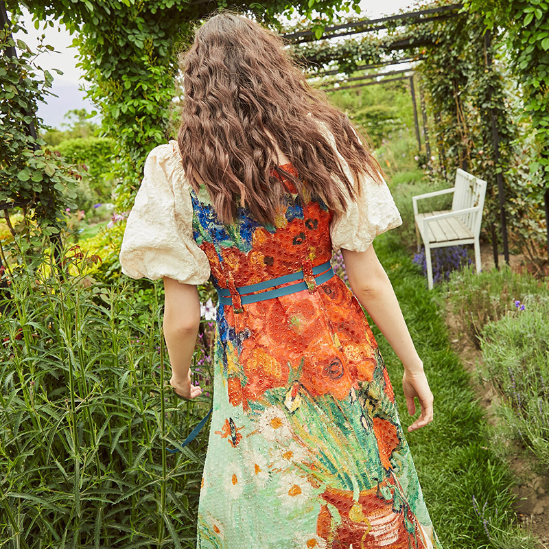 Two or Three Things Van Gogh Series Stars Admire Summer New Retro Puff Sleeve A-Line Dress High Waist Long Style