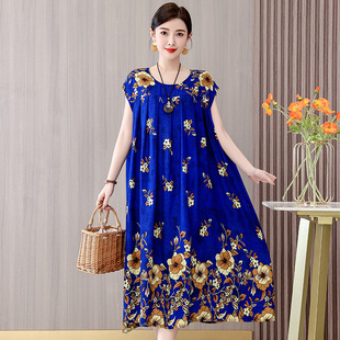 2025 New Style Cotton Silk Nightgown Women's Summer Fashionable Loose Belly Covering plus size Pocket Artificial Cotton dress Outer Wear