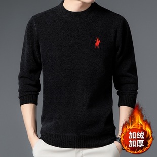 Embroidered pony logo men's knitwear middle-aged fashion fashion brand casual semi-high collar fleece-lined thick sweater men's wholesale