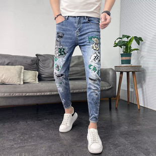 Autumn and Winter Cropped Pants Slim-fit Skinny Jeans Men's Trendy All-match European Station Trendy Brand Bear Printed Casual Pants