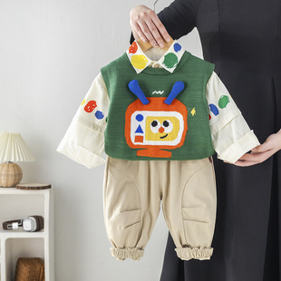 Five small seven children's clothing 2025 spring and autumn new 0-4 years old boys and girls color TV sweater vest 3-piece set