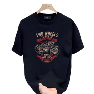 Heavy Fun Short-sleeved T-shirt Men's Summer Pure Cotton Vintage Motorcycle Motorcycle Printed Shoulder Round Neck Half-sleeved T-shirt for Men