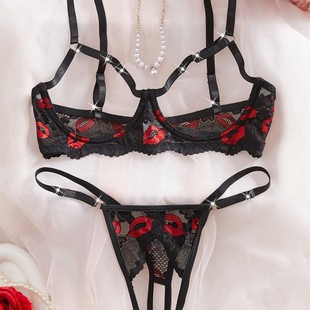 Cross-Border Sexy Lingerie, No Need to Take Off, Amazon's Best-Selling Sexy Lingerie, Hot Lips, Hollow Breasts, Two-Piece Set