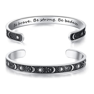 Amazon Explosions Stainless Steel Laser Engraving Open Bracelet 6mm Wide Sun Moon Star English Inspirational C Bracelet