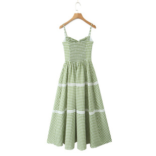 25 Summer New Women's European and American Style Spice Girl Lace Stitching Sweet Lace Waist Tight Back Plaid Sling dress