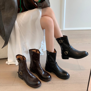 Autumn and Winter Vintage Round Head Genuine Leather Handmade Western Cowboy Boots Women's Pleated Pile Ankle Boots Belt Buckle Mid-Barrel Knights Boots