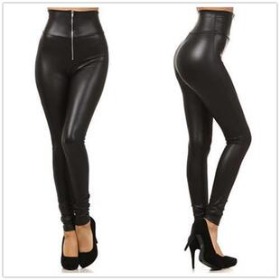 Foreign Trade New High Waist Imitation Leather Zipper Leggings Large Size Leather Pants Women's Slim-Fit Slimming Stretch Pencil Pants