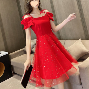 Women's One-character Collar dress 2025 Summer New French Style Fairy Mid-length Mesh Slip Skirt Chanel Style Princess Skirt
