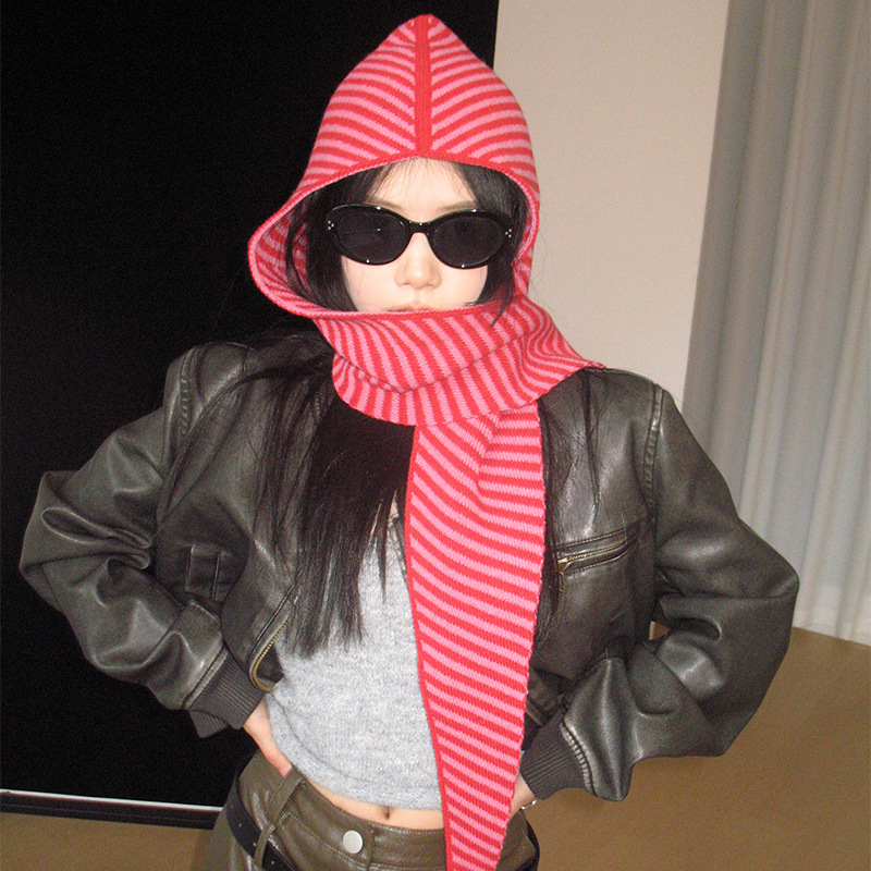 Multi-style autumn and winter Korean striped hat scarf all-in-one women's warm shawl scarf wool knit hat hooded