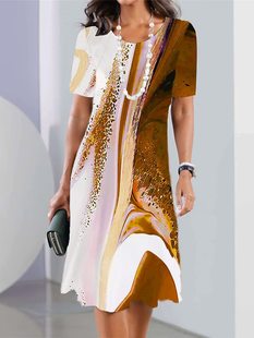 European and American Explosions Women's Dress Cross-border Fashion All-match Daily Casual Loose Large Size Round Neck Short-sleeved Dress