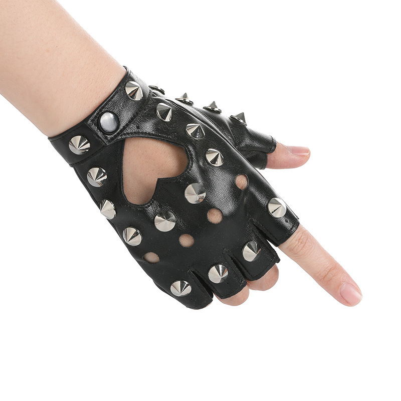 Rivet Half-Finger Gloves for Street Dance, Pole Dance Performance Gloves, Dance Performance Gloves, Breakdance Punk Hip-Hop Trendy Leather Gloves