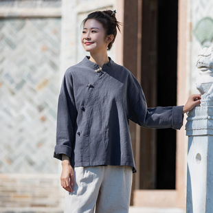 2024 spring new cotton and linen women's clothing linen stand collar color matching button shirt hanfu women meditation meditation clothes