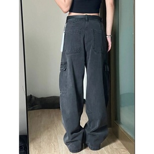 Black Grey Straight Tooling Jeans Women's 2023 New American Style High Waist Loose Floor Wide Leg Pants
